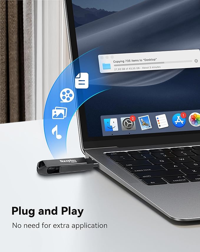 128GB Flash Drive for iPhone iPad, USB3.0 High-Speed Memory Stick No App Needed, Lightening & USB-C External Memory Storage for Photos Videos, Picture Backup Thumb Drive Plug & Play (Space Gray)