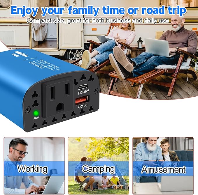 150W Car Power Inverter DC 12V to 110V AC Car Plug Outlet Adapter with PD 25W USB C & QC3.0 Car Laptop Charger-Blue