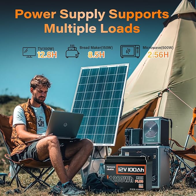 12V 100Ah LiFePO4 Battery MAX PLUS 2 Pack - 110A BMS with Low Temp Cutoff | 15000+ Deep Cycles for RV Solar Marine Trolling Motor | Off-Grid Backup Power Rechargeable Lithium Iron Phosphate Battery