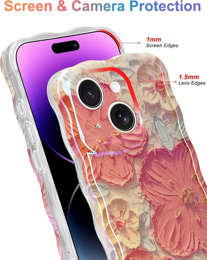 Jusy Compatible with iPhone 15, Colorful Retro Oil Painting Printed Flower Laser Glossy Pattern Cute Curly Wave Phone Case Soft TPU Cover for Girly Women - Orange White