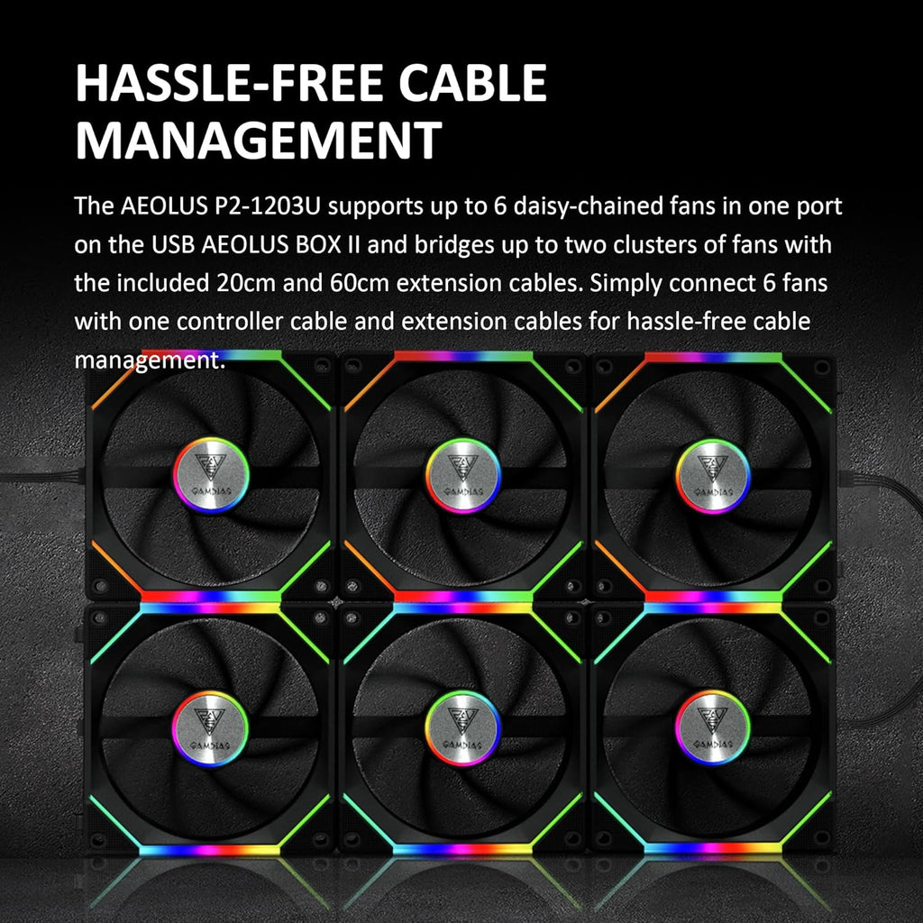 GAMDIAS Aeolus P2-1203U 120mm ARGB PWM Fan(3 Fan Pack w/USB Hub), Include Reverse Fan Blade x3, ARGB Sync Ready, Easy Installation & Cabless Daisy-Chain Design, Silent Operation, Up to 2400RPM, Black