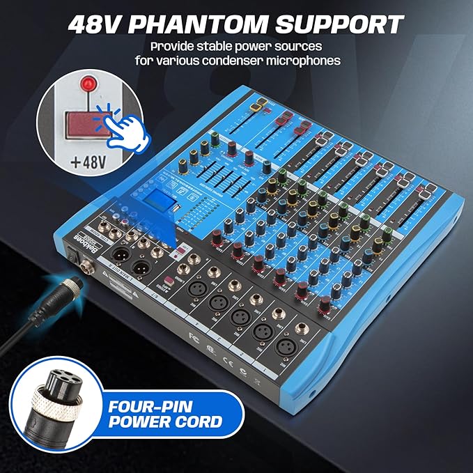 Professional Audio Mixer, 6 Channel, Input 48V Phantom Power Stereo Digital USB Bluetooth MP3 Computer Input, Build-in 16 Effect DSP, for Recording, Live Streaming, Podcasting MG60S