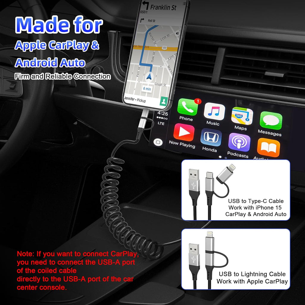 USB to USB-C and Lightning Cable 2 in 1 Coiled Cable Support Aple Carplay & Android Auto [MFi & 3A Fast Charge & Data Sync] Coiled Lightning and USB C Cable for iPhone 17/16/15/14/13/Android, Silver