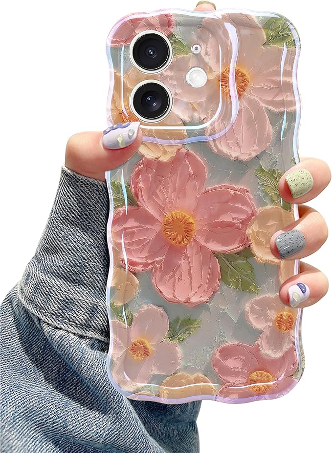 Jusy Case for iPhone 11, Colorful Retro Oil Painting Printed Flower Laser Blue Glossy Pattern Cute Curly Wave Phone Case Soft TPU Cover for Girly Women -Green