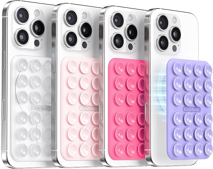 Klearlook 4PCS Magnetic Suction Phone Mount for MagSafe Case, Sticky Phone Grip for iPhone, Removable Hands-Free Selfie/Video for TikTok Influencers, (Clear & Light Pink & Hot Pink & Lavender)