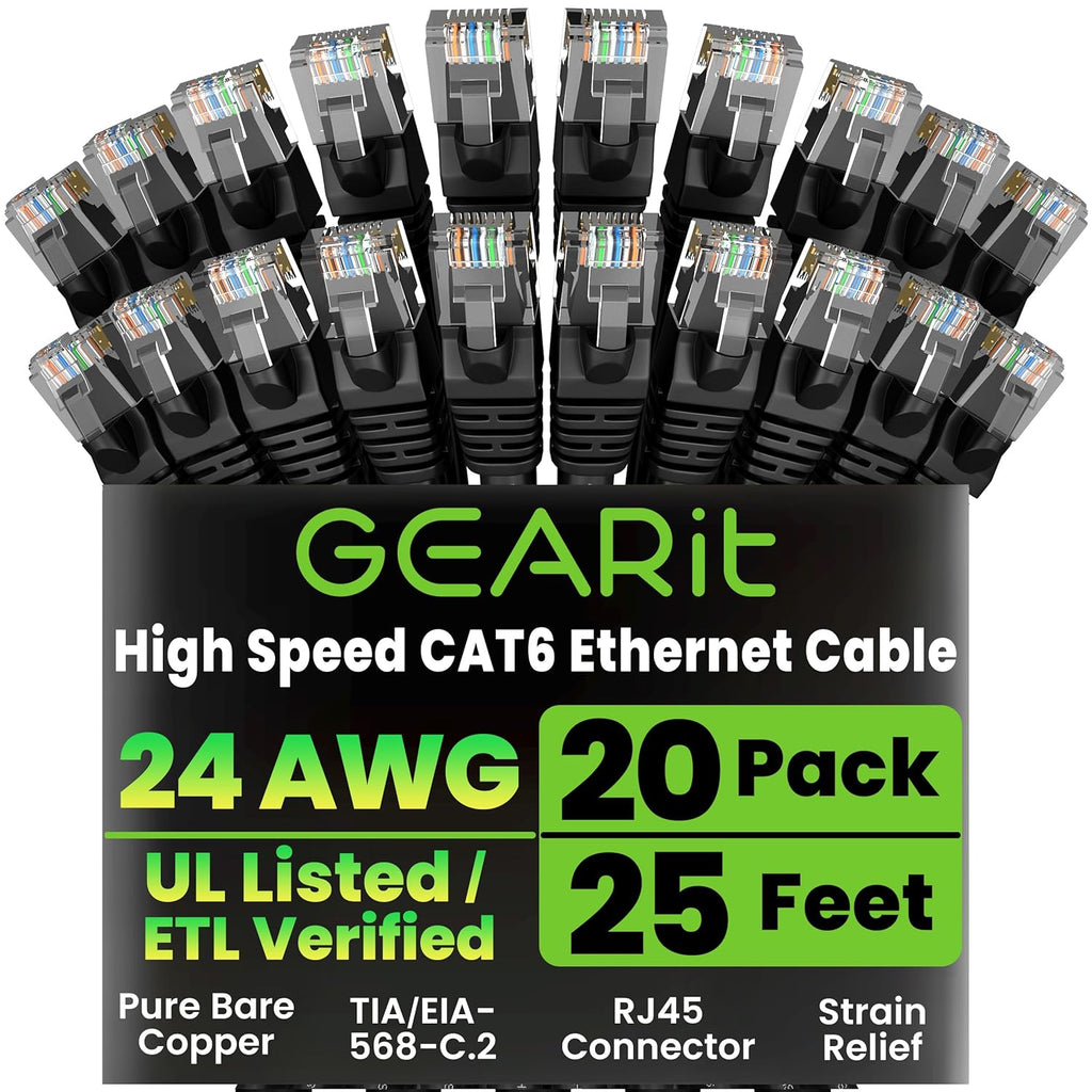 GEARit Cat 6 Ethernet Cable Pack - 20-Pack 25 ft Cat6 Ethernet Patch Cables | RJ45 Network Patch Cable, 10 Gbps Snagless Gold-Plated Connectors - Ethernet Cable Cat 6 for PC, TV, Router - Black