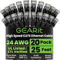GEARit Cat 6 Ethernet Cable Pack - 20-Pack 25 ft Cat6 Ethernet Patch Cables | RJ45 Network Patch Cable, 10 Gbps Snagless Gold-Plated Connectors - Ethernet Cable Cat 6 for PC, TV, Router - Black