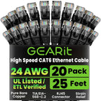 GEARit Cat 6 Ethernet Cable Pack - 20-Pack 25 ft Cat6 Ethernet Patch Cables | RJ45 Network Patch Cable, 10 Gbps Snagless Gold-Plated Connectors - Ethernet Cable Cat 6 for PC, TV, Router - Black