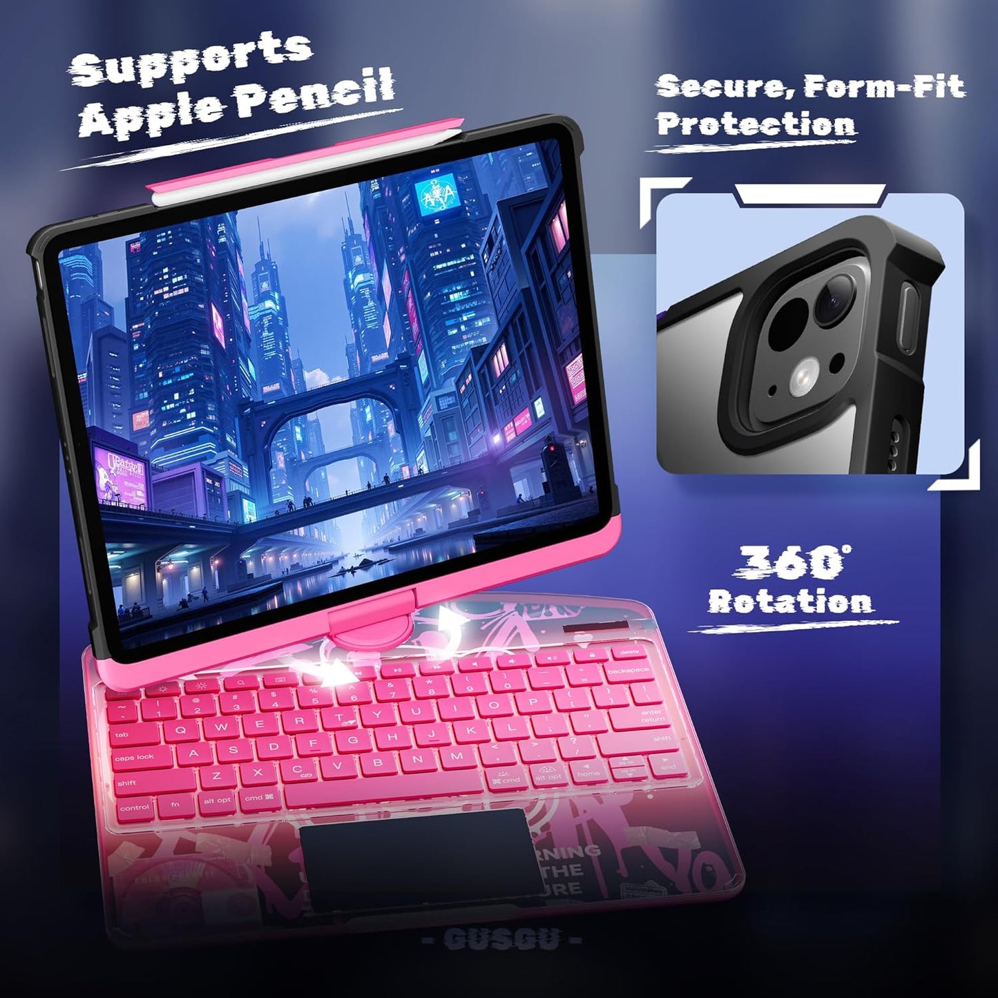 KITONE Transparent Case with Wireless Keyboard for iPad 10.2-in (7th, 8th, and 9th Gen), 7 Colors Backlight, Trackpad, 360°Rotating Stand, Tech Style