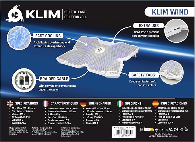 KLIM Wind Laptop Cooling Pad - More Than 500 000 Units Sold - New - The Most Powerful Rapid Action Cooling Fan - Laptop Stand with 4 Cooling Fans at 1200 RPM - USB Fan - PS5 PS4 - Full White