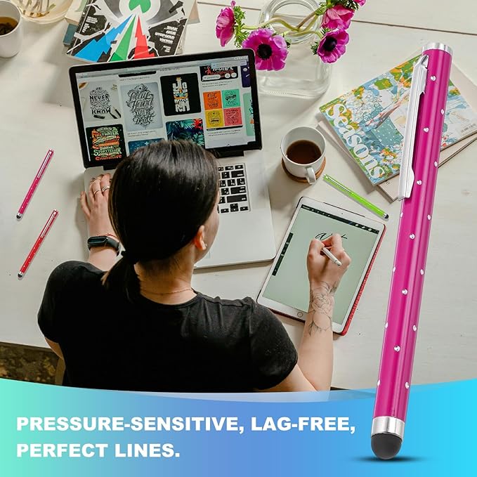 PATIKIL Stylus Pens for Touch Screens, 6 Pcs High Precision Universal Bling Stylus Crystal Metal Capacitive Pen for Touch Screen Devices Phone Tablets Laptop, Rose Red