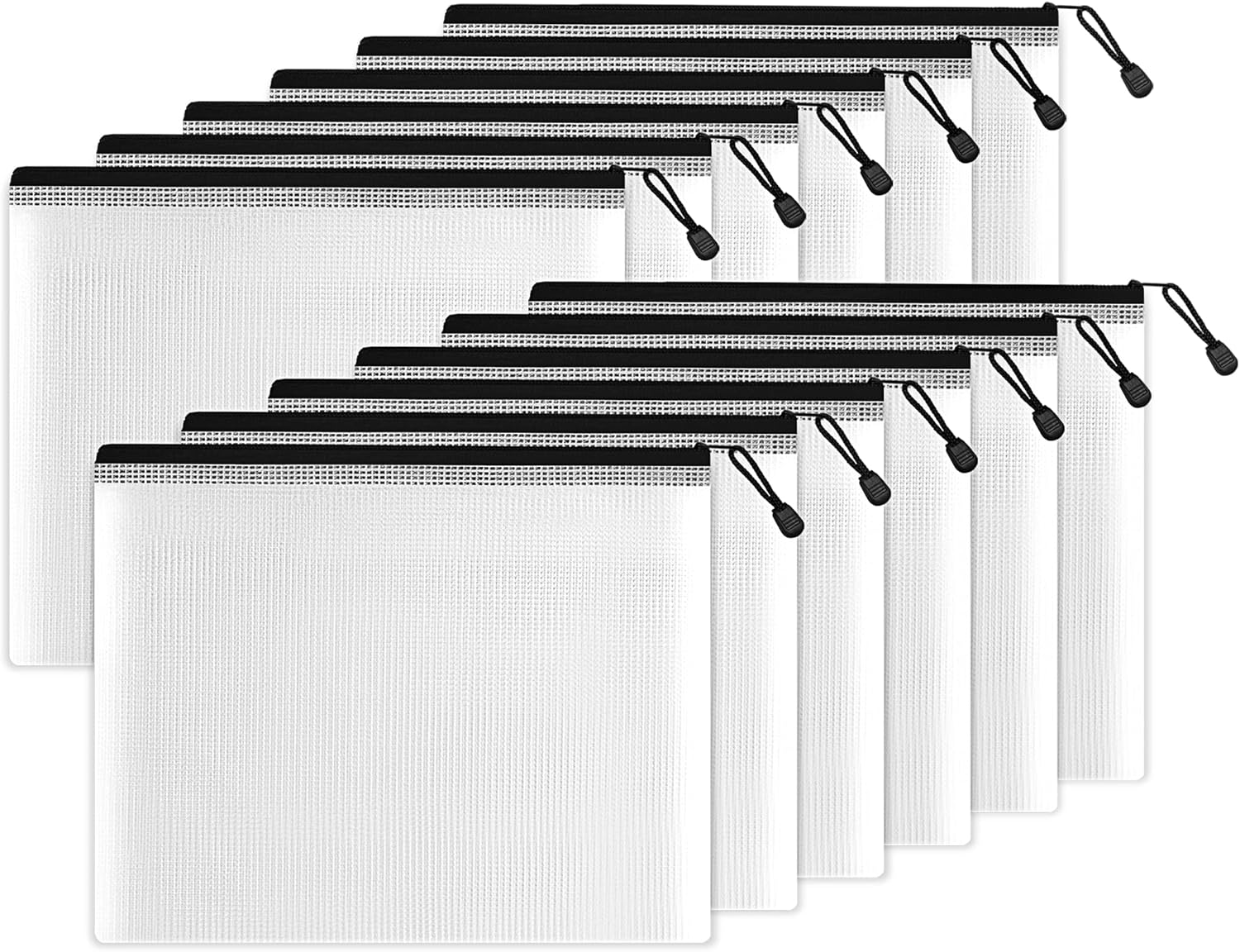 SUNEE Plastic Mesh Zipper Pouch 9x13 in (Black, 12 Packs),Extra Large Water-Resistant Zip Bag for School Office Supplies, Puzzles & Games Organizing Storage