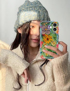 Jusy Compatible with iPhone 16, Colorful Retro Oil Painting Printed Flower Laser Glossy Pattern Cute Curly Wave Phone Case Soft TPU Cover for Girly Women - Green Yellow