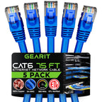 GEARit Cat 6 Ethernet Cable Pack - 5-Pack 75 ft Cat6 Ethernet Patch Cables | RJ45 Network Patch Cable, 10 Gbps Snagless Gold-Plated Connectors - Ethernet Cable Cat 6 for PC, TV, Router - Blue