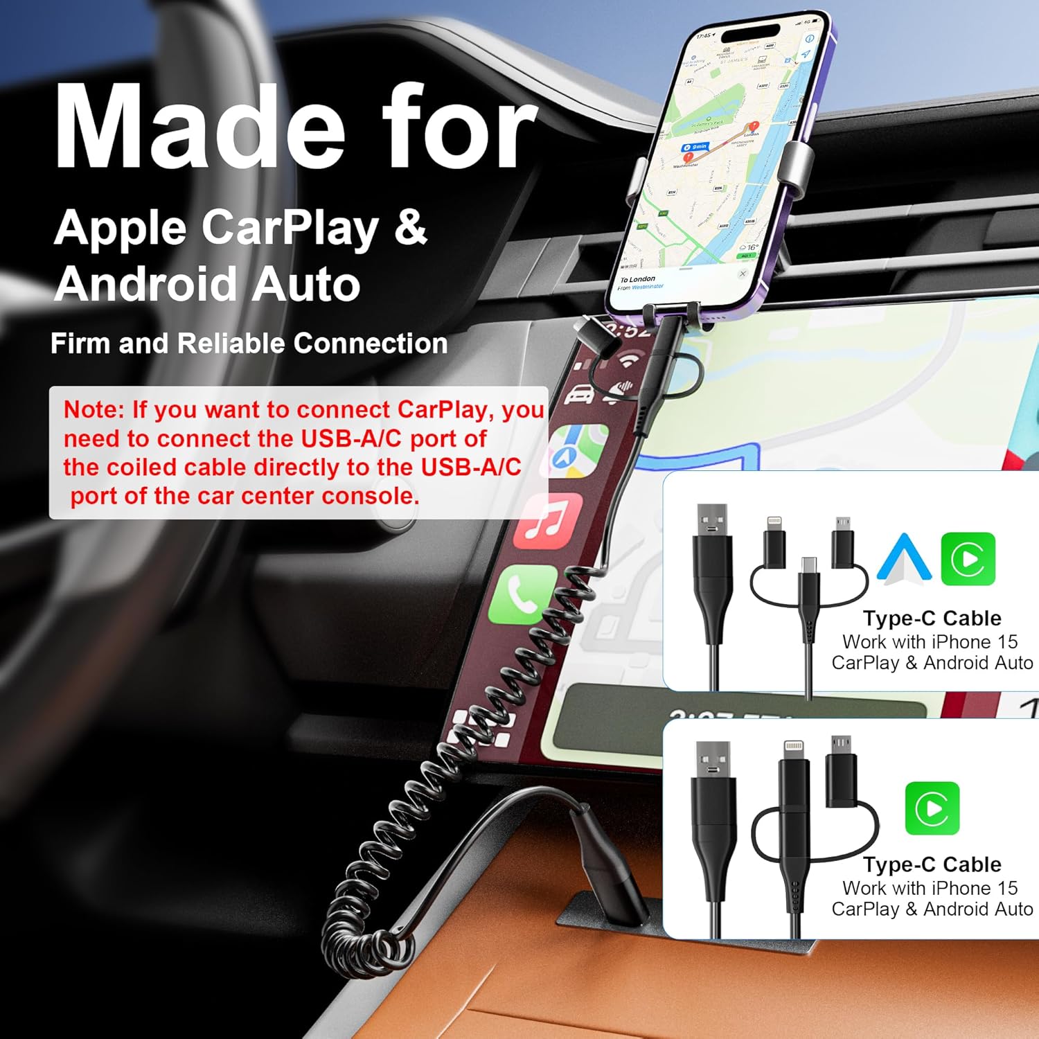 Coiled Multi Charging Cable - USB C Lightning Micro USB Cable 5 in 1 for Apple Carplay & Android Auto [MFi & PD60W & Data Sync] Coiled USB C Cable for iPhone 17 16 15 14 13 12 X Android Samsung Laptop