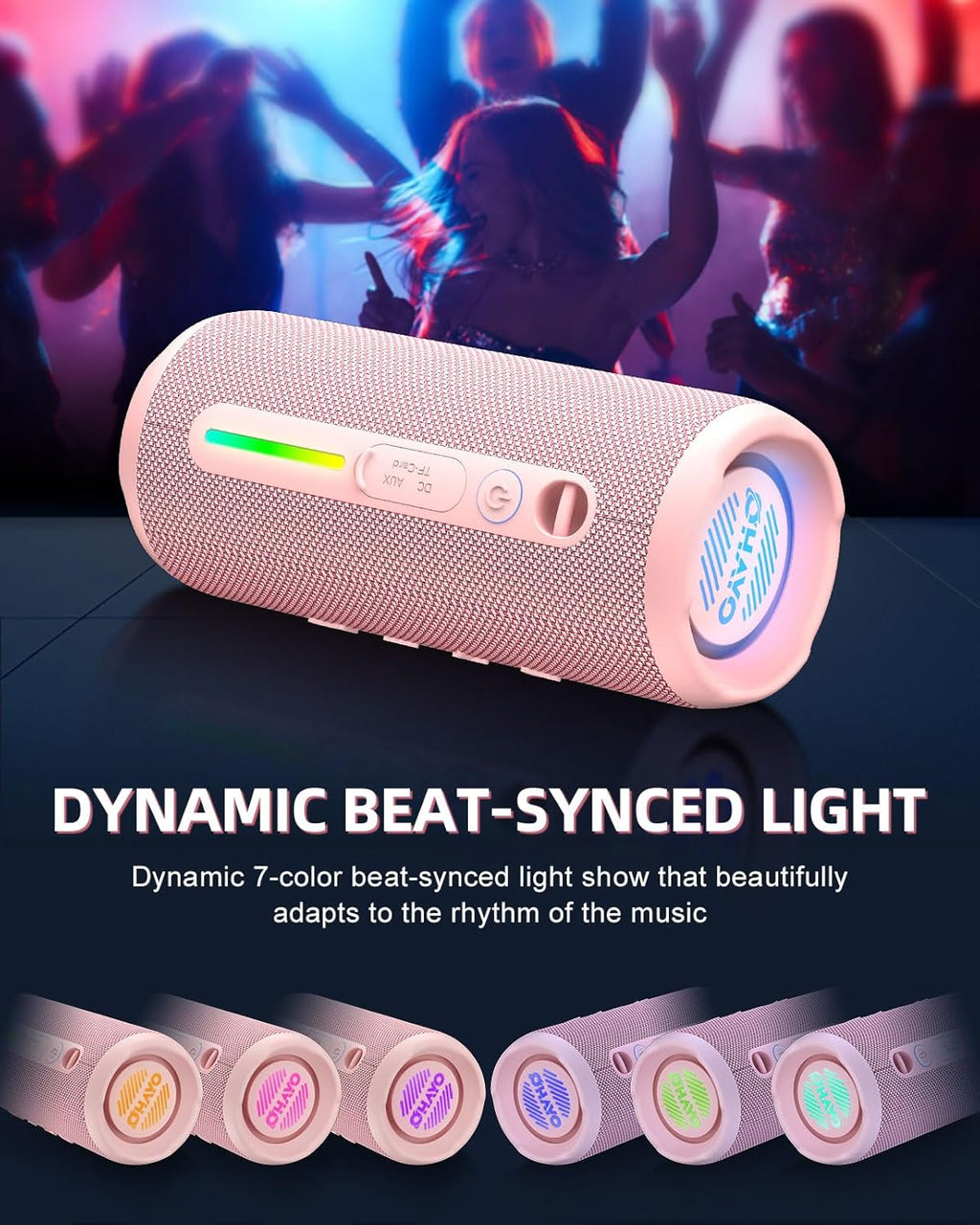 OHAYO Portable Bluetooth Speaker, IPX7 Waterproof Wireless Speaker with 24W Stereo Sound, Active Extra Bass, Bluetooth 5.3, RGB Lights, Up to 30H Playtime for Home, Outdoor, Party, Travel