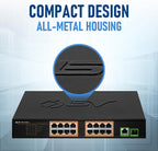 BV-Tech 18 Ports Long Range PoE+ Switch (16 PoE+ Ports | 1 Gigabit Ethernet uplink with 1 SFP Uplink) - 19" Rackmount - 120W - 802.3af/at -Desktop Design for Easy Set Up (16 Gigabit PoE+ Ports | 120W)