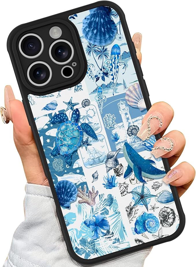 AIGOMARA Case for iPhone 16 Pro [Compatible with MagSafe] Blue Turtle Shell Ocean Collage Pattern Design for Women Girls Men Soft TPU Bumper Hack PC Back Shockproof Protective Slim Magnetic Cover