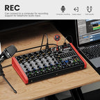8 Channel Audio Interface Sound Board Mixing Console XLR 1/4 inch Jack USB Bluetooth Echo Delay Effect, Input 48V Phantom Power Stereo DJ Mixers for Podcasting