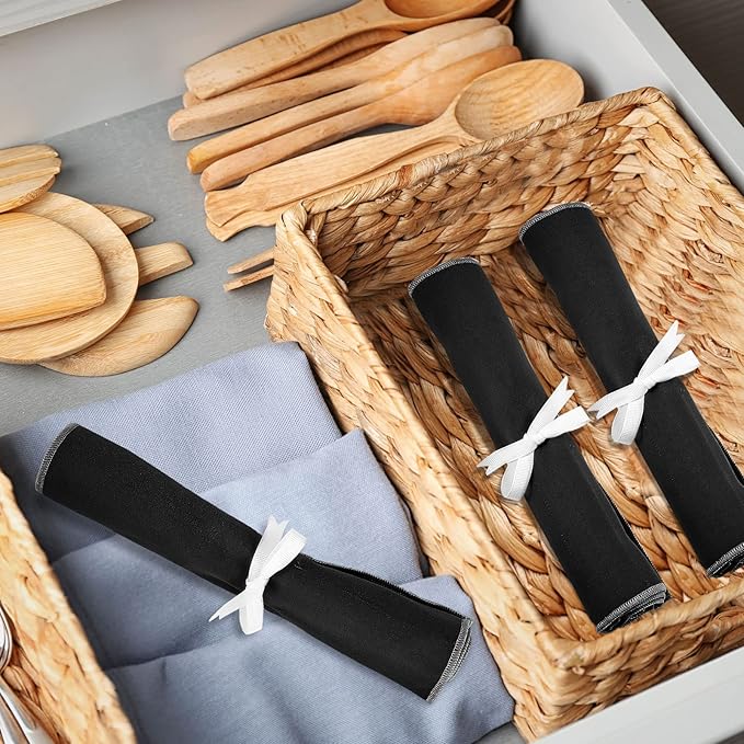 12 Pcs Anti Tarnish Silver Storage Bags Silver Storage Cloth Felt Flatware Organizer Anti Tarnish Protector Bags Place Setting Roll with White Ribbon for Kitchen Cutlery Utensils