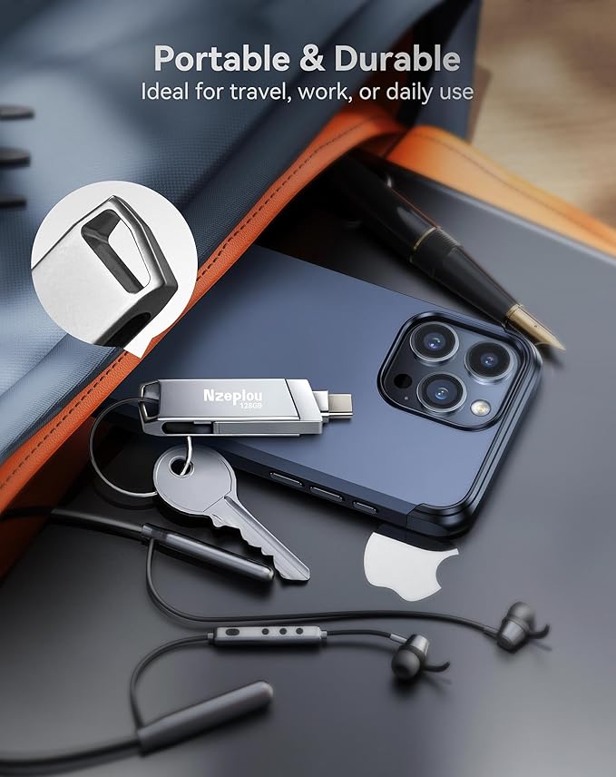 128GB Flash Drive for iPhone iPad, USB3.0 High-Speed Memory Stick No App Needed, Lightening & USB-C External Memory Storage for Photos Videos, Picture Backup Thumb Drive Plug & Play(Silver)