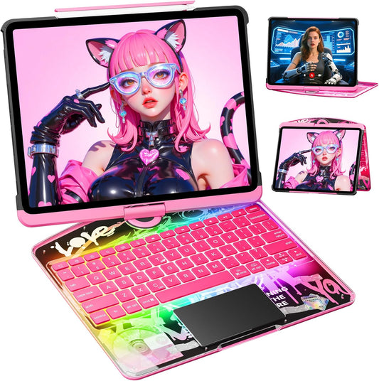 KITONE Transparent Case with Wireless Keyboard for iPad 11th Gen 11-in.(A16, 2025), 2022 iPad 10th Gen 10.9-in, 7 Colors Backlight, Trackpad, 360°Rotating Stand, Tech Style