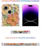 Jusy Compatible with iPhone 14, Colorful Retro Oil Painting Printed Flower Laser Glossy Pattern Cute Curly Wave Phone Case Soft TPU Cover for Girly Women - Orange Yellow