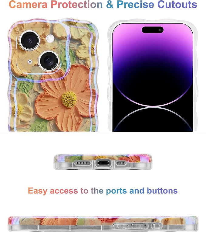 Jusy Compatible with iPhone 14, Colorful Retro Oil Painting Printed Flower Laser Glossy Pattern Cute Curly Wave Phone Case Soft TPU Cover for Girly Women - Orange Yellow