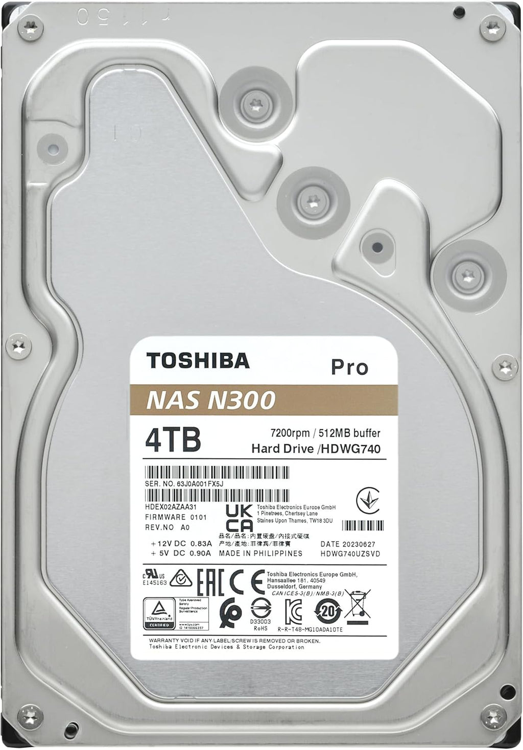 Toshiba N300 PRO 4TB Large-Sized Business NAS (up to 24 Bays) 3.5-Inch Internal Hard Drive - Up to 300 TB/Year Workload Rate CMR SATA 6 GB/s 7200 RPM 512 MB Cache - HDWG740XZSTD