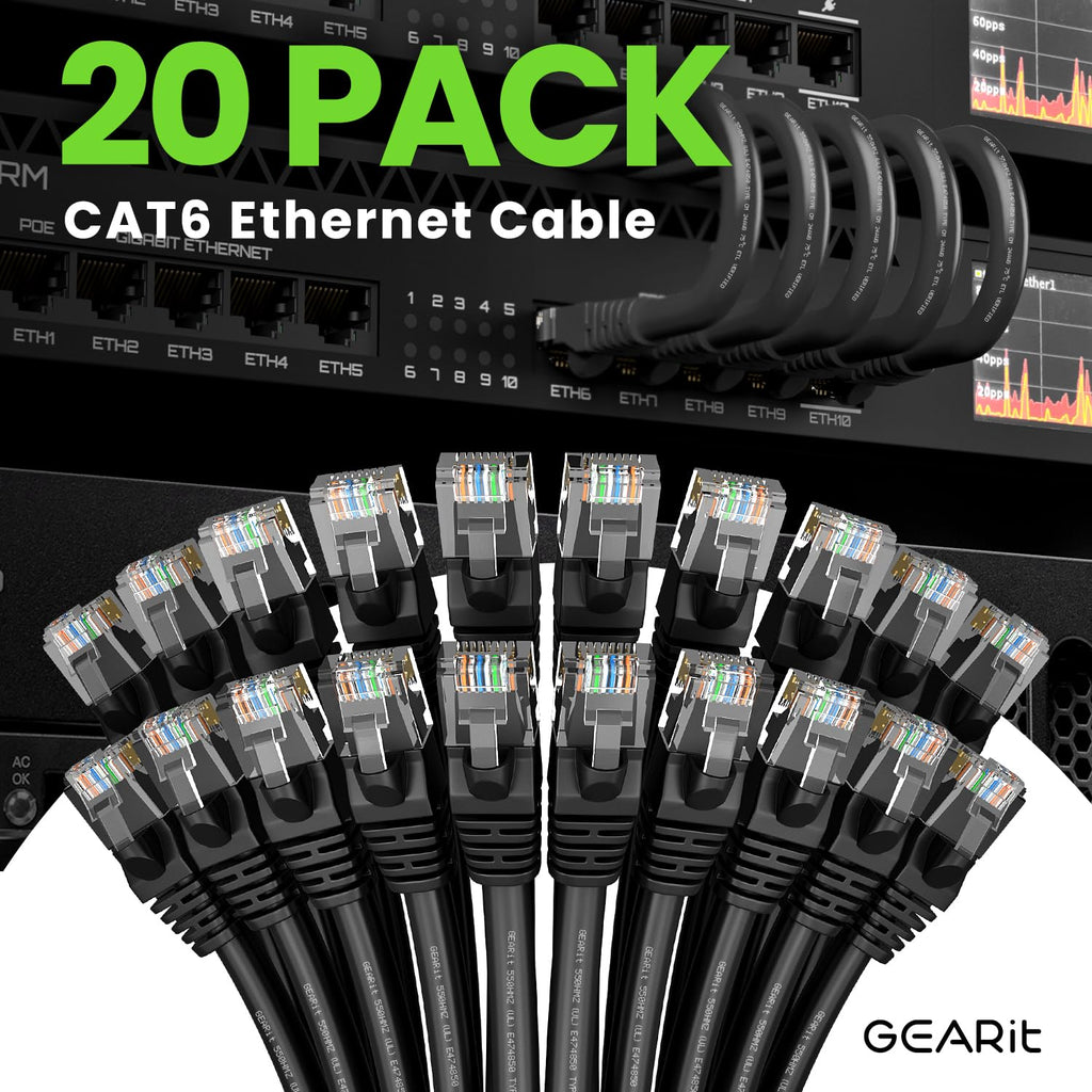GEARit Cat 6 Ethernet Cable Pack - 20-Pack 3 ft Cat6 Ethernet Patch Cables | RJ45 Network Patch Cable, 10 Gbps Snagless Gold-Plated Connectors - Ethernet Cable Cat 6 for PC, TV, Router - Black