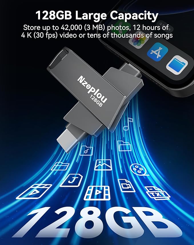 128GB Flash Drive for iPhone iPad, USB3.0 High-Speed Memory Stick No App Needed, Lightening & USB-C External Memory Storage for Photos Videos, Picture Backup Thumb Drive Plug & Play (Space Gray)