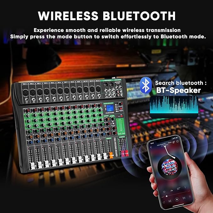12 Channel Audio Mixer, Professional DJ Mixer Board Sound Music Mixing Console Digital Mixer with Reverb, Bluetooth, USB Port, 48V Phantom Power for Recording Karaoke Podcasting