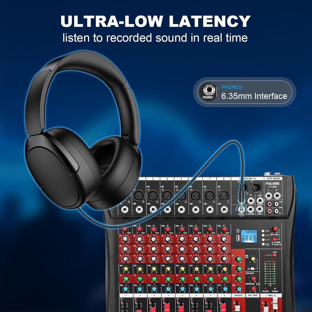 8 Channel Audio Mixer, Professional Music Mixer Board DJ Mixing Console with Bluetooth, USB/MP3 Player, Reverb, and 48V Phantom Power for Studio Recording, Karaoke, and Live Performances