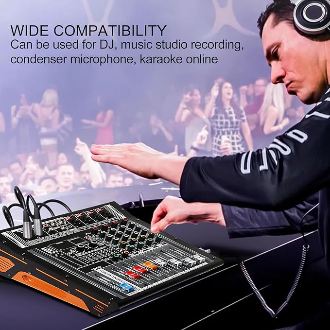 Audio Mixer 4 Channel, DJ Mixer with Power Amplifier, Audio Sound Card with 48V Phantom Power, Usb Audio Interface, Sounds Mixer Board with 99 DSP FX Reverb Delay Effect for Streaming