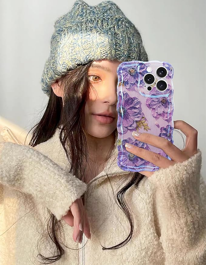 Jusy Compatible with iPhone 14 Pro, Colorful Retro Oil Painting Printed Flower Laser Glossy Pattern Cute Curly Wave Phone Case Soft TPU Cover for Girly Women -Purple
