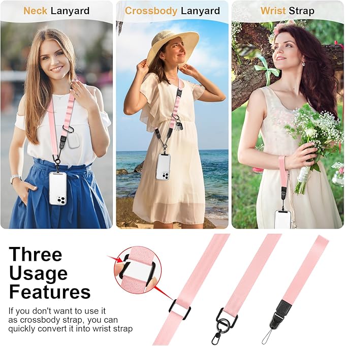 Adjustable Crossbody Phone Lanyard, Universal Phone Wrist Strap and Phone Neck Strap with Tether Tab, Phone Lanyard with Quick Release, Suitable for iPhone and Most Smartphones, Light Pink