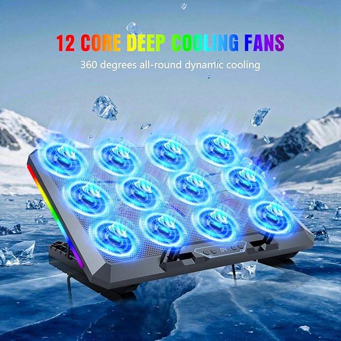 Laptop Cooling Pad with 12 Quiet Fans, Slim Portable for 12-17.3 Inch Laptop Cooler Stand, RGB Lighting, with 5 Height Adjustable, Gaming Cooling Fan Pad, USB/Type-C & Phone Holder (LCD)