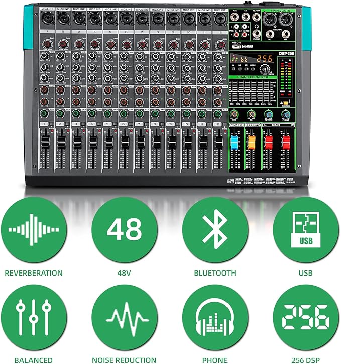 Depusheng PA12 Professional Audio Mixer Sound Board Console Desk System Interface 12 Channel Digital USB Bluetooth MP3 Computer Input 48V Phantom Power Built-in 256 Reverb Effect, Black