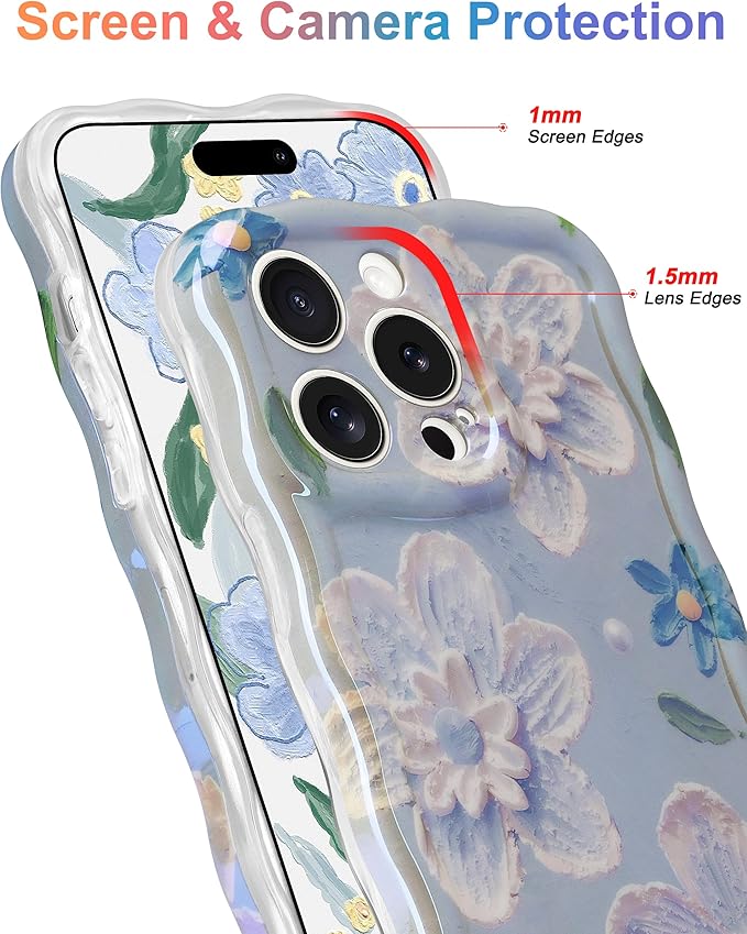 Jusy Compatible with iPhone 14 Pro Max, Colorful Retro Oil Painting Printed Flower Laser Glossy Pattern Cute Curly Wave Phone Case Soft TPU Cover for Girly Women - Blue Flower