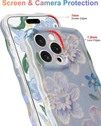 Jusy Compatible with iPhone 14 Pro Max, Colorful Retro Oil Painting Printed Flower Laser Glossy Pattern Cute Curly Wave Phone Case Soft TPU Cover for Girly Women - Blue Flower