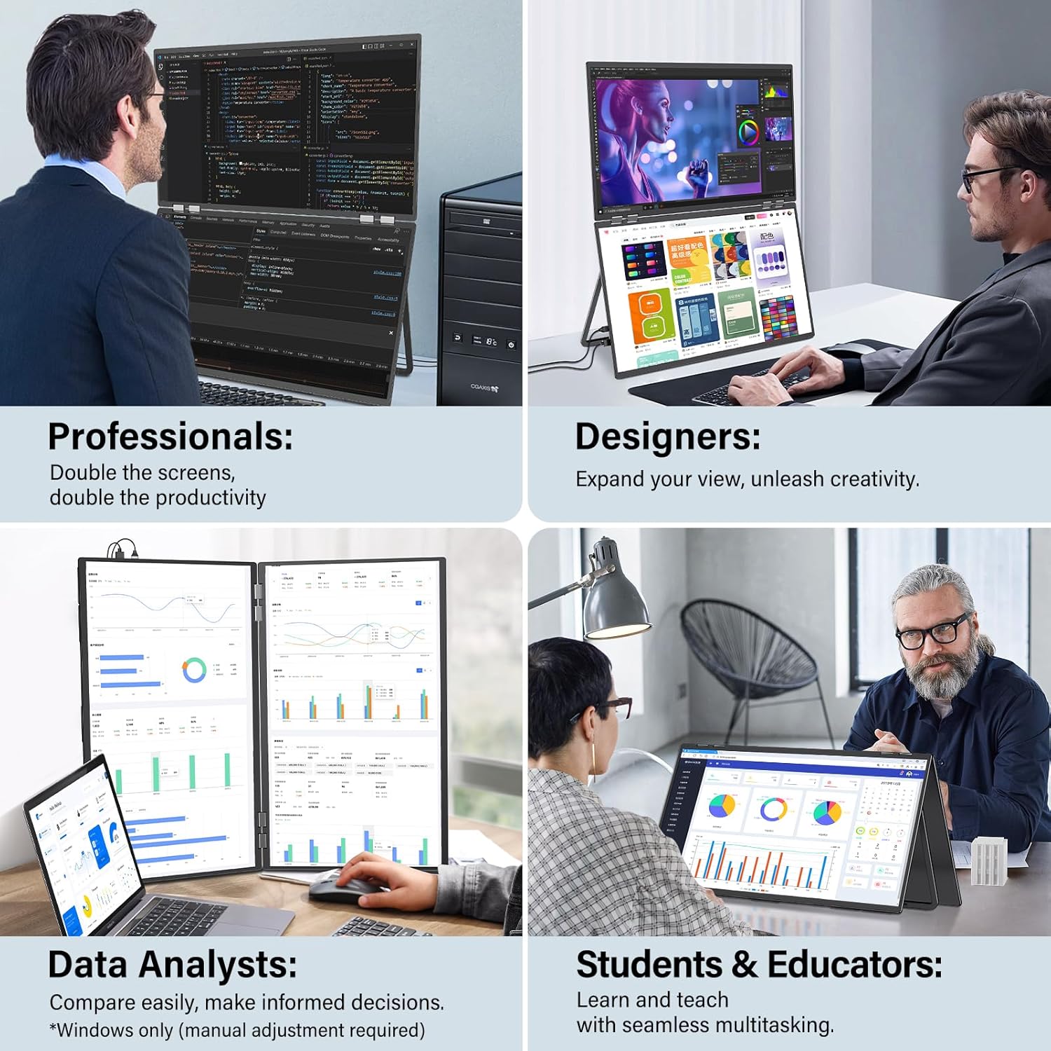 InnoView 23.8" FHD 100Hz Dual Monitor Built-in Speakers 315°Adjustable 100% sRGB Double Monitor Extendrer for Windows Mac w/HDMI Type-C Work Office Triple Monitors