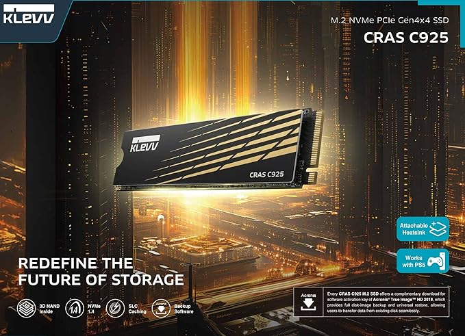 KLEVV CRAS C925 1TB M.2 2280 NVMe PCIe Gen4x4 Internal Gaming SSD with Aluminium Heatsink, Compatible with PS5, up to 7400MB/s (K01TBM2SP0-C9T)