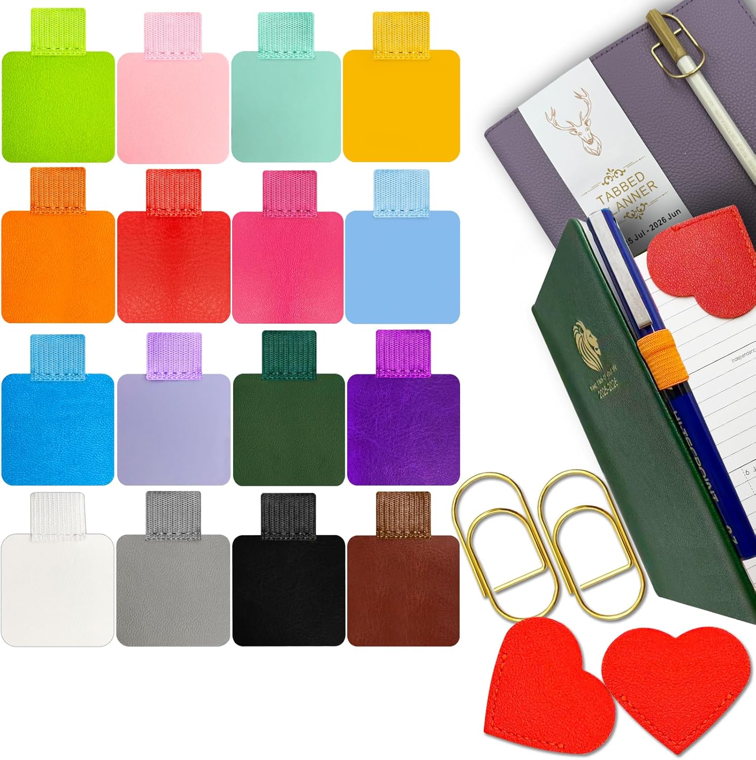 Pen Loop Holder for Notebook 16 Colors Self-Adhesive Stick On Pen Holder with Extra 2 Pens Clips 2 Leather Bookmarks As COMBO for Planner Journal Tablet Clipboards Calendars Bible Campus School Office