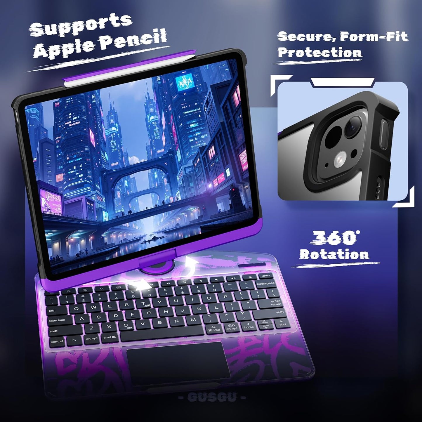 KITONE Transparent Case with Wireless Keyboard only for 2024 iPad Pro 11-in.(M4), 7 Colors Backlight, Trackpad, 360°Rotating Stand for iPad Pro 11(5th Gen), Tech Style