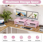 Desk Organizers and Accessories, 2-Tier Computer Monitor Stand Riser with Drawer, Laptop Stand, Office Desk Accessories, Workspace Desktop Organizer for Office Supplies, Pink