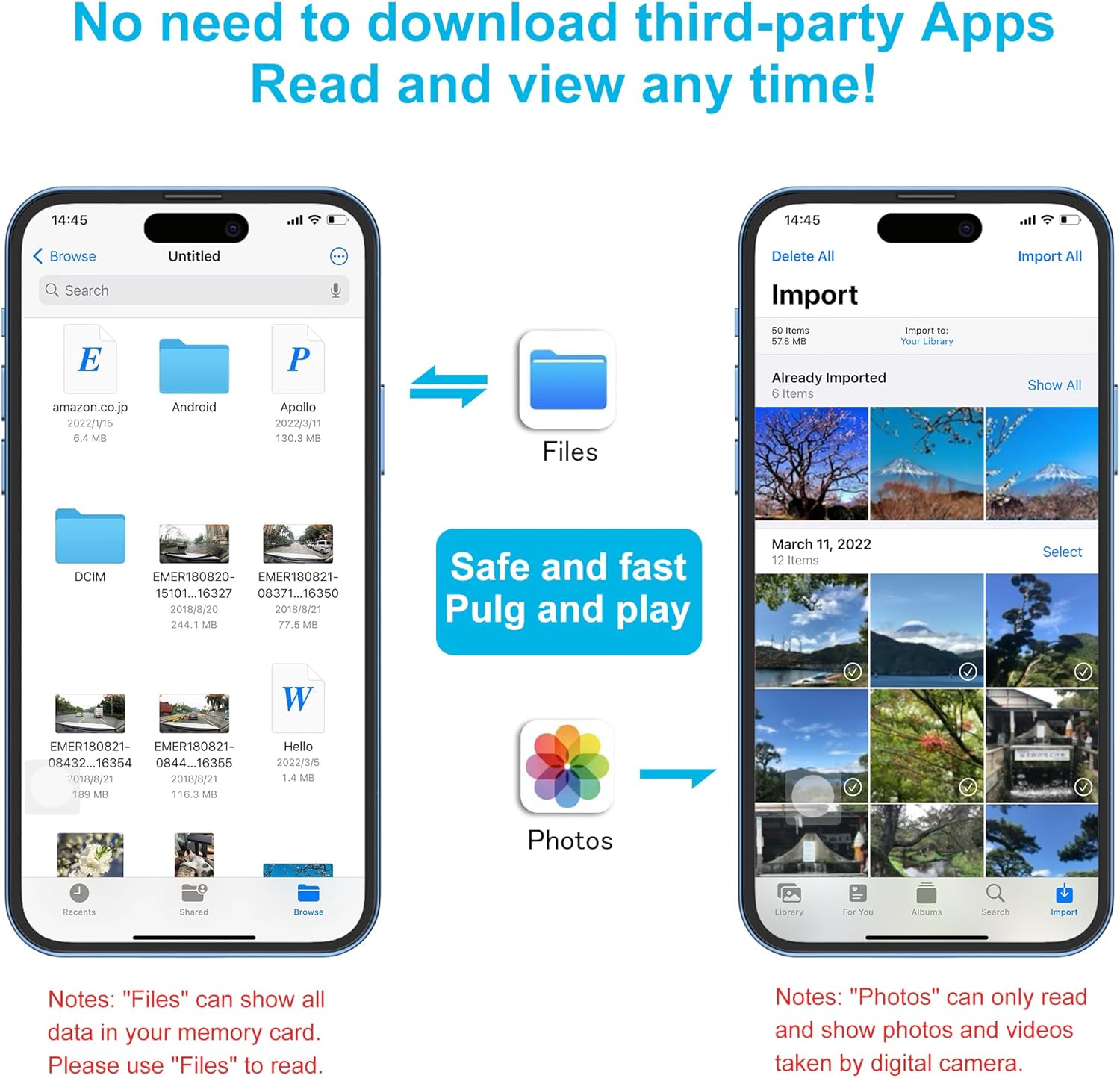 SD Card Reader for iPhone, Memory Card Reader with Dual Slot for SD/TF Card Plug and Play Trail Game Camera SD Card Viewer Lightning to MicroSD Card Camera Adapter for iPad No App Required
