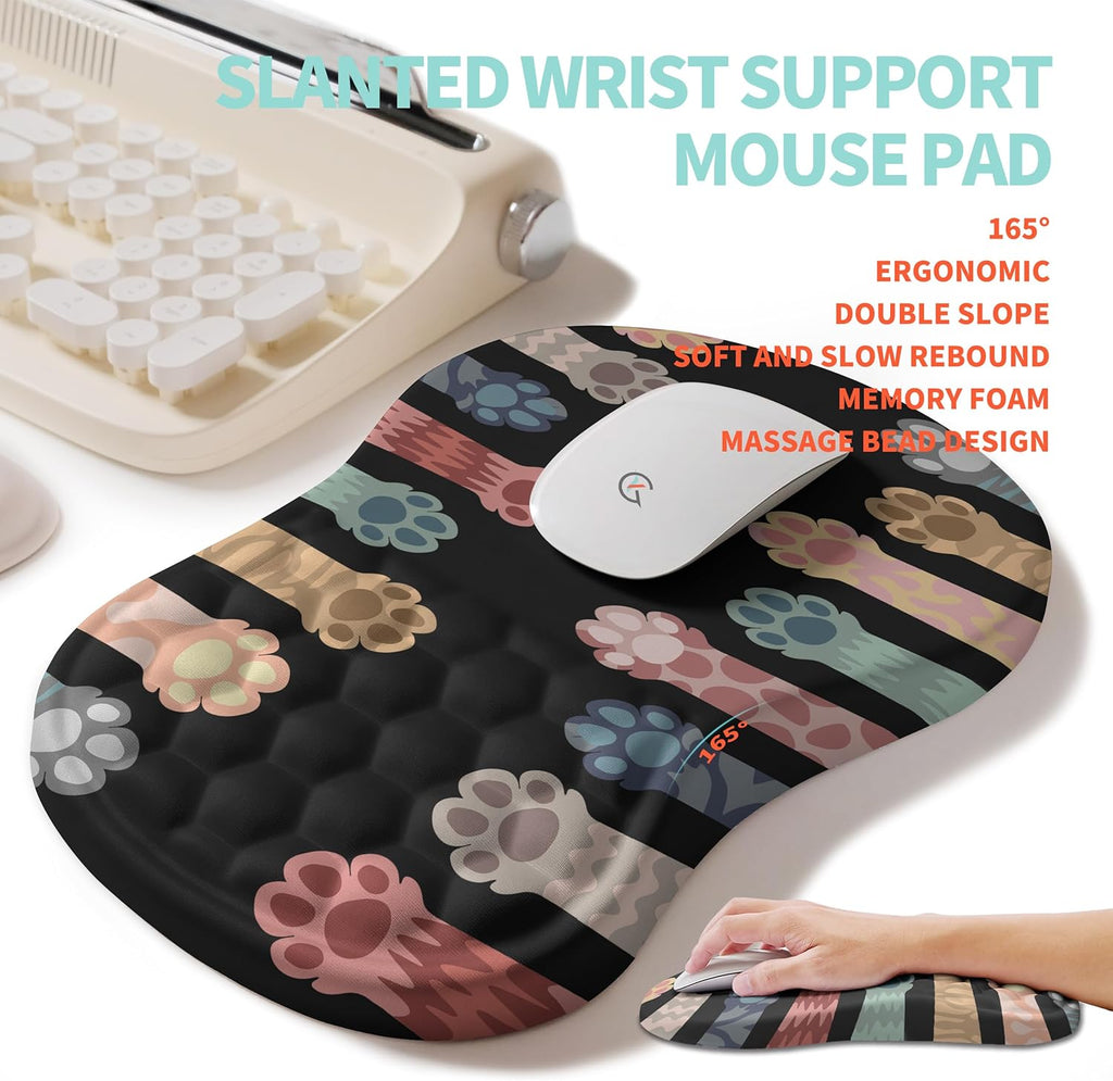 2-in-1 Ergonomic Set, Wave Rise Keyboard Wrist Rest and Massage Bulge Slope Mouse Pad Wrist Support, Cushion Memory Foam Integrated to Relieve Wrist Pain, Multicolour Cat Claws
