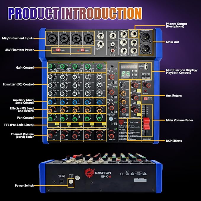 EXOTON Professional Audio Mixer Console, 6 Channel with USB, Bluetooth, MP3 Input, 48V Phantom Power, Ideal for Studio, Live Performance, and DJ Use