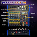 EXOTON Professional Audio Mixer Console, 6 Channel with USB, Bluetooth, MP3 Input, 48V Phantom Power, Ideal for Studio, Live Performance, and DJ Use