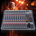 Pro 12 Channels Live Audio Mixer Bluetooth USB DJ Sound Mixing Console with 3 Stage Equalization Regulate 6 Modes Of Music for Family Ktv,Campus Speech,Meeting